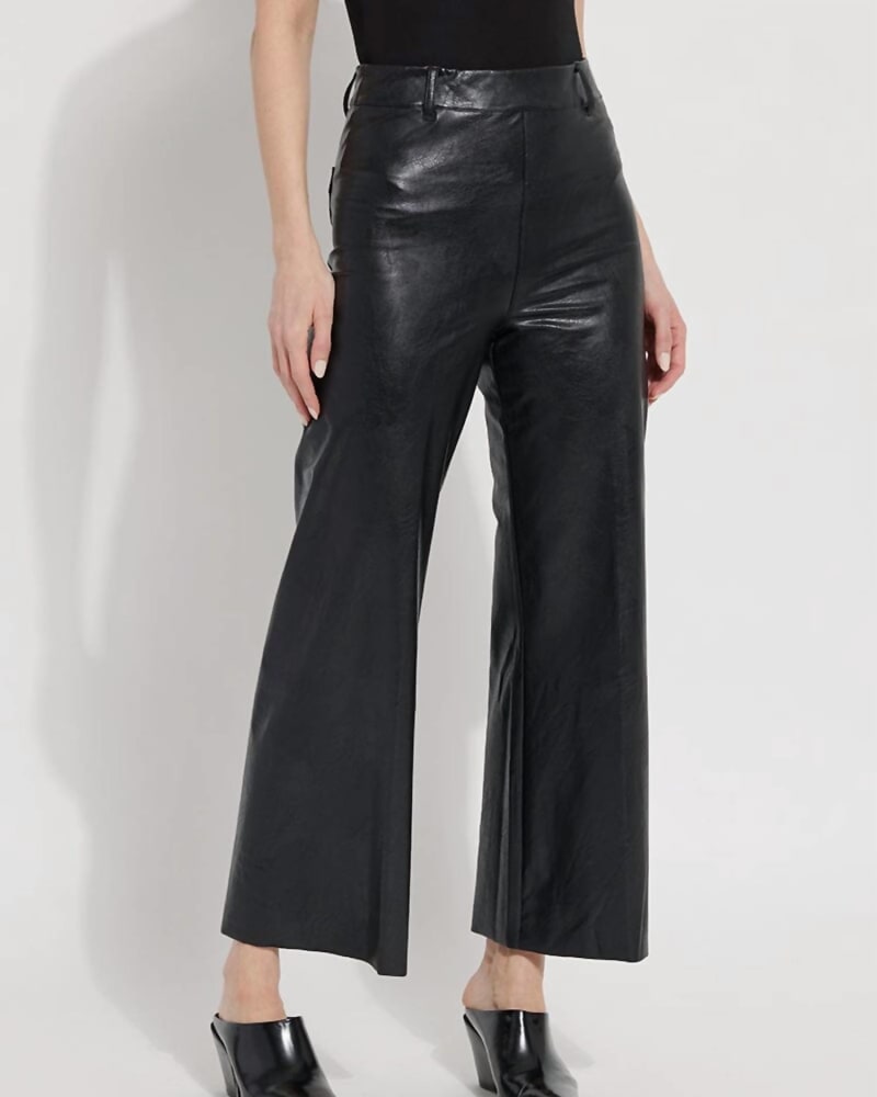 Front of a model wearing a size L Vegan Leather Wide Leg Pant in Kohl Black in Kohl Black by Lysse. | dia_product_style_image_id:326691
